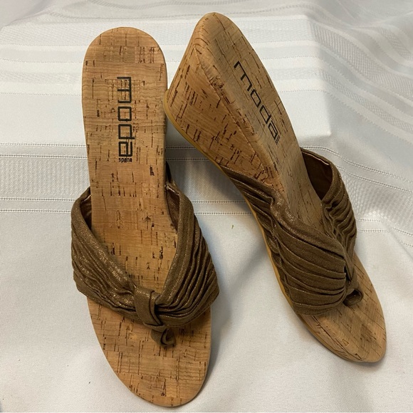 SALE - Moda Womens Cork Wedge Thong Metallic Brown Mesh Fabric Sandals -size 8 - Picture 2 of 7